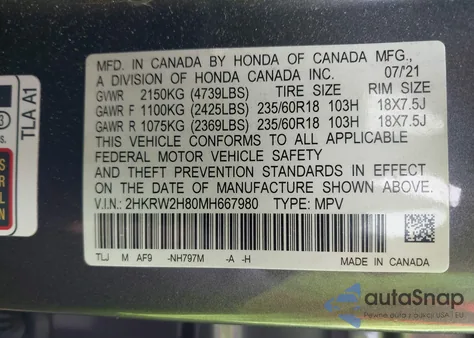 2021 Honda Cr-V Awd Ex-L z USA, uszkodzony, nr VIN 2HKRW2H80MH667980